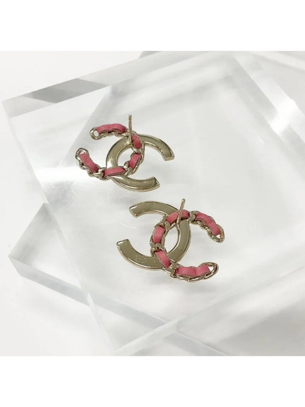 Chanel Earrings CC Logo Rhinestone Gold Pink